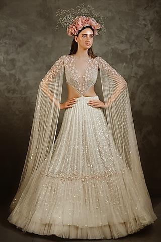 off white embellished frilled lehenga set