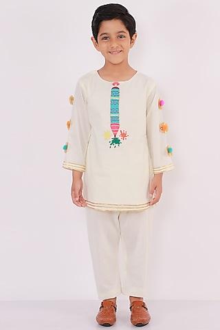 off white embroidered a-line kurta set for boys