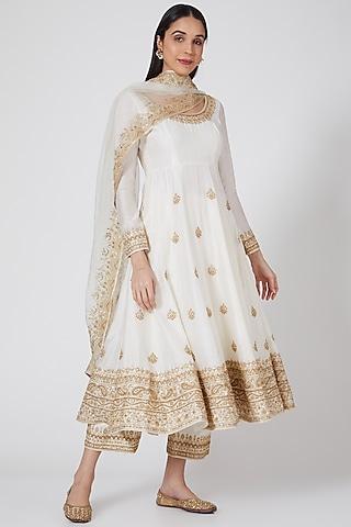 off white embroidered anarkali set