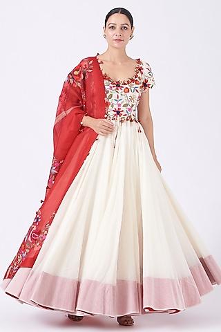 off-white embroidered anarkali set