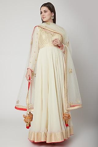 off white embroidered anarkali set