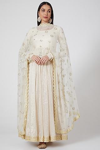 off white embroidered anarkali set