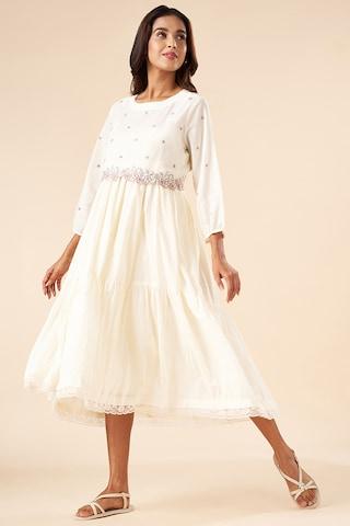 off white embroidered calf length  casual women flared fit  dress