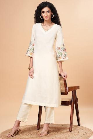 off white embroidered calf-length  ethnic women straight fit kurta