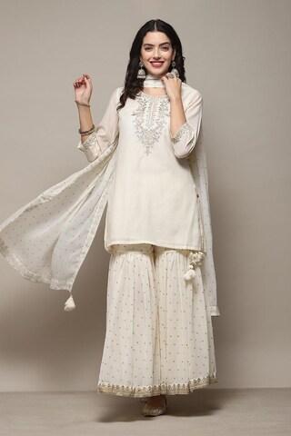 off white embroidered casual 3/4th sleeves round neck women straight fit kurta sharara dupatta set