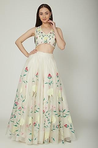 off white embroidered crop top with hand painted lehenga