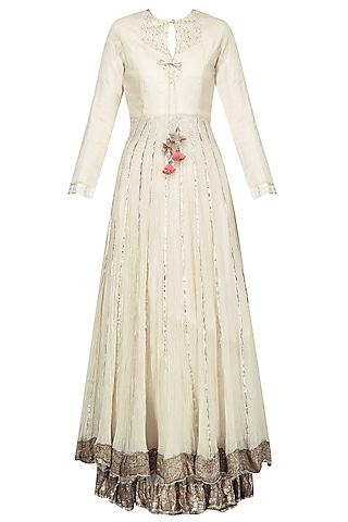 off white embroidered double layer anarkali set