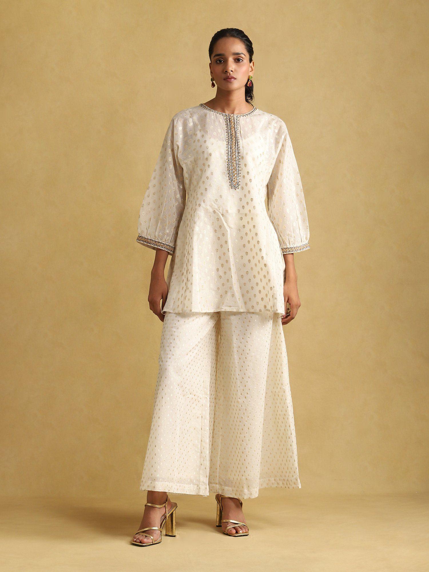 off white embroidered ensemble kurta with palazzo and inner (set of 3)
