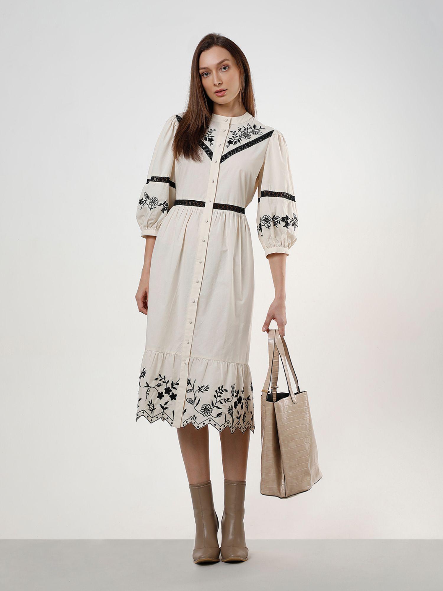 off white embroidered fit and flare dress