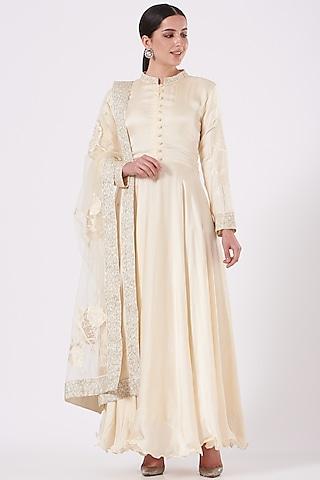 off-white embroidered gown with dupatta