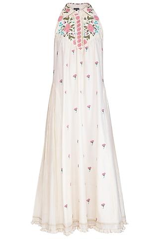 off white embroidered hand painted pleated dress