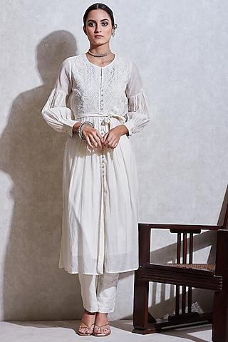 off white embroidered kurta dress with pants & inner