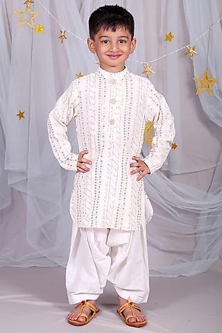 off white embroidered kurta set for boys