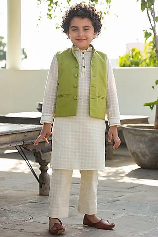 off white embroidered kurta set with nehru jacket for boys