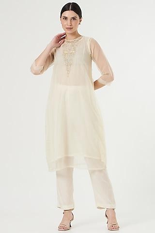 off-white embroidered kurta set