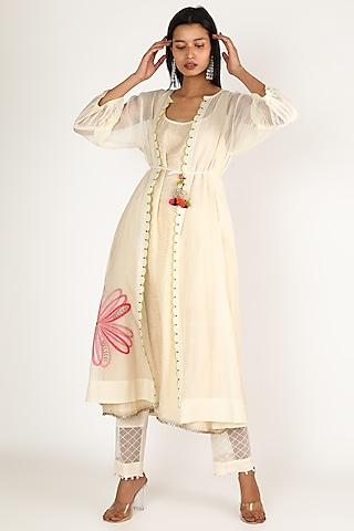 off white embroidered kurta with jacket