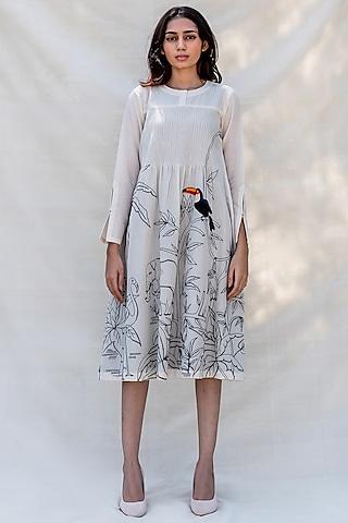 off white embroidered pintucked dress