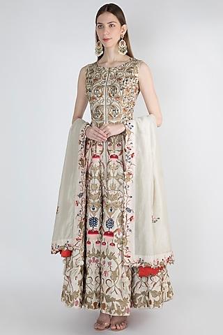 off white embroidered printed anarkali with dupatta