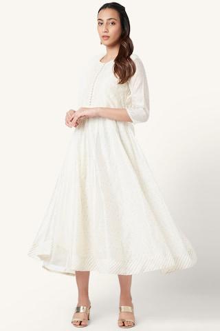 off white embroidered round neck ethnic calf-length 3/4th sleeves women regular fit dress