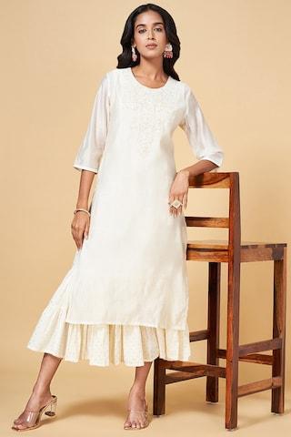 off white embroidered round neck ethnic calf-length 3/4th sleeves women regular fit dress