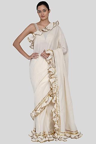 off white embroidered ruffled sarees set