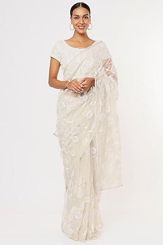 off-white embroidered saree set