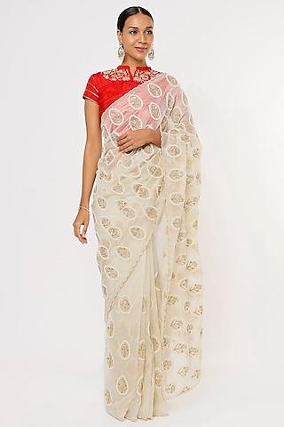 off-white embroidered saree set