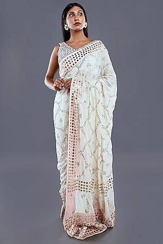 off-white embroidered saree set