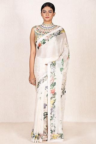 off white embroidered saree set