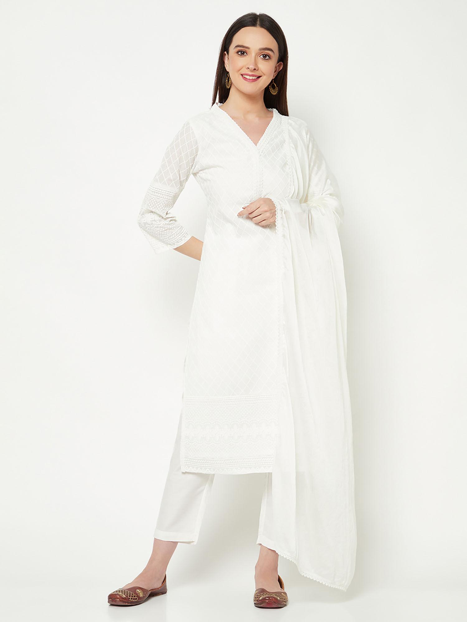 off white embroidered straight kurta with pant & dupatta (set of 3)