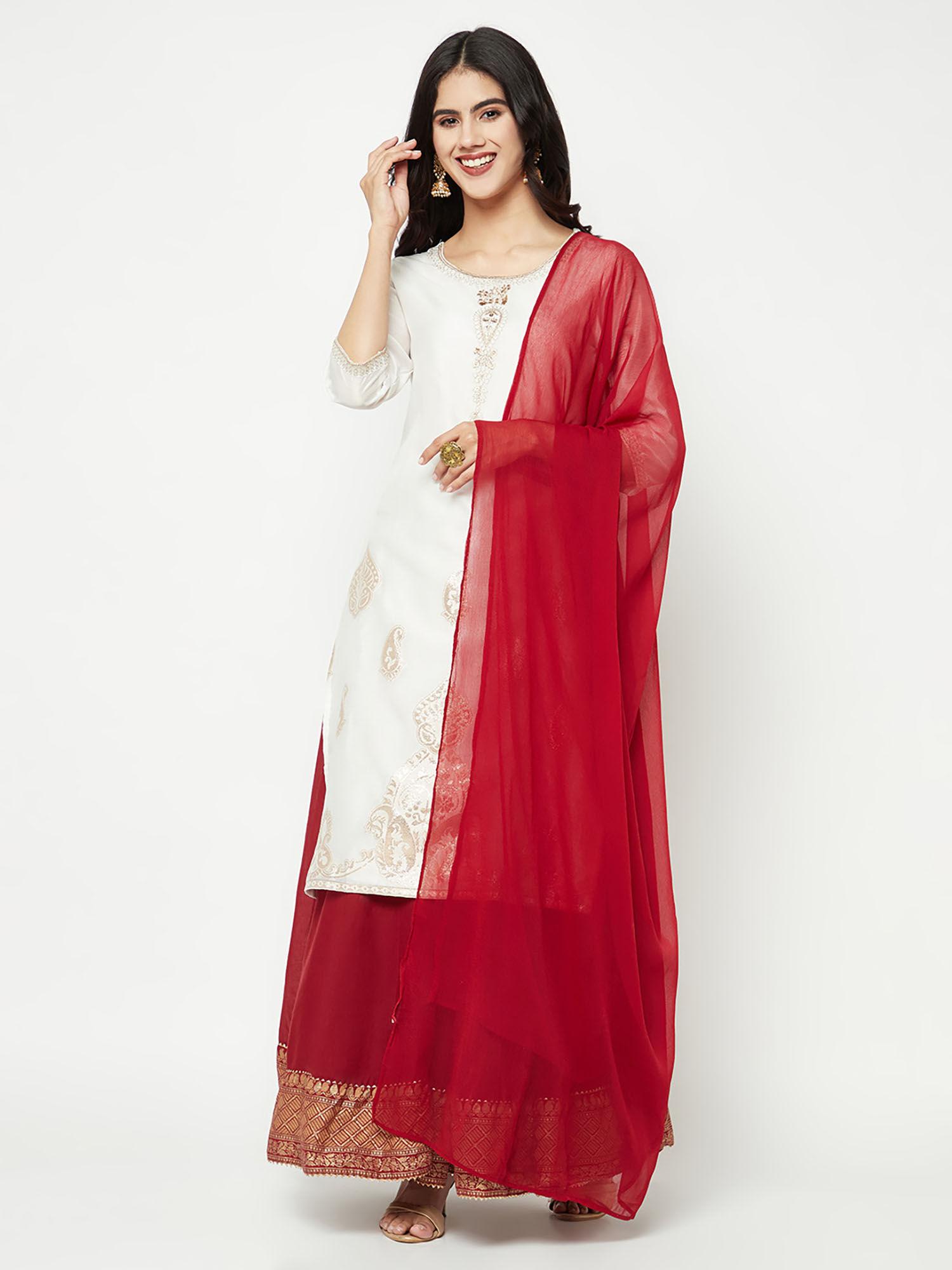 off white embroidered straight kurta with red flared bottom skirt & dupatta (set of 3)