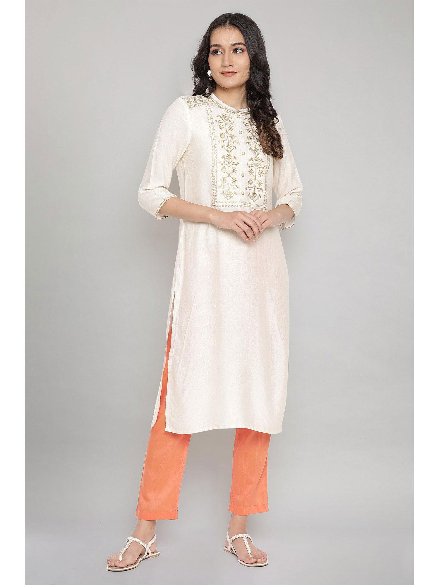 off-white embroidered straight kurta