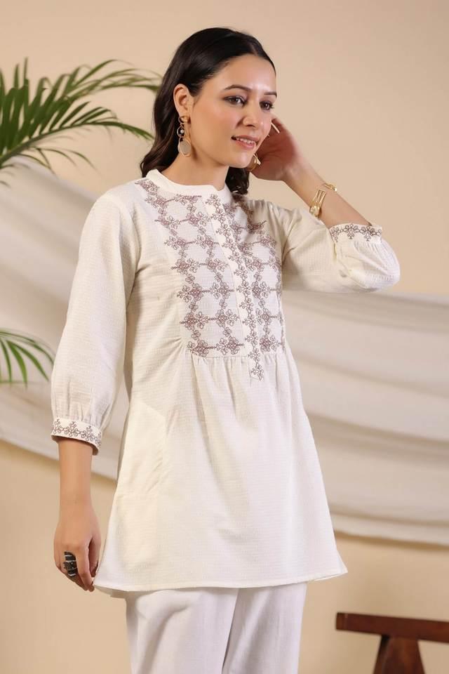 off-white ethnic motif printed cotton dobby tunic with thread work embroidery