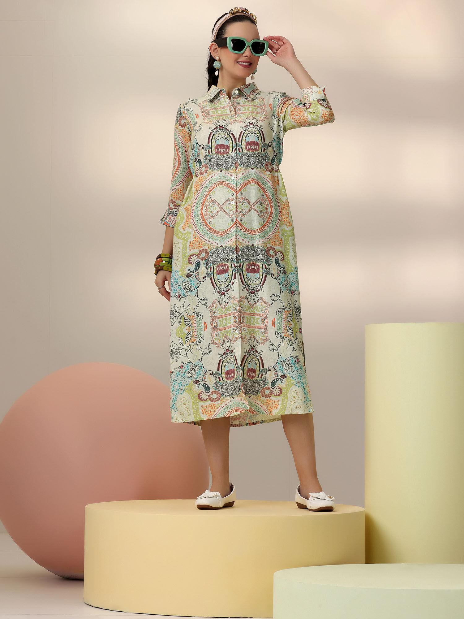 off white ethnic motif printed panelled a-line dress