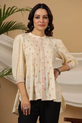 off-white ethnic motif printed pure cotton tunic with lace - off white