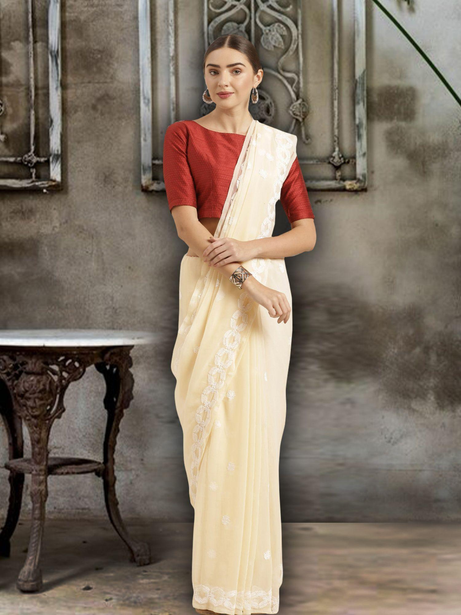 off white faux georgette lucknow chikan saree with blouse piece (a130177)