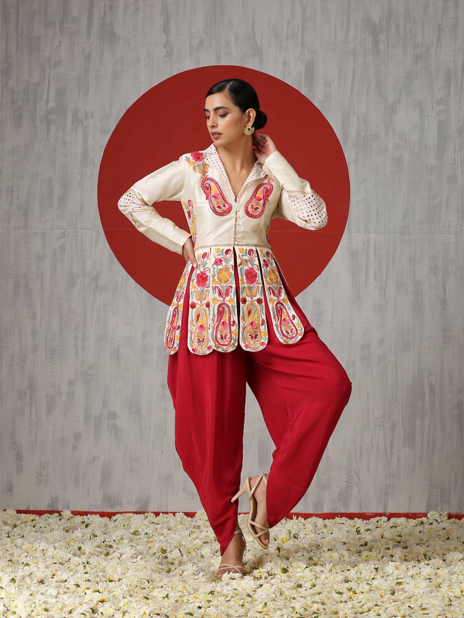 off white flared silk tunic with red tulip pants. (set of 2)