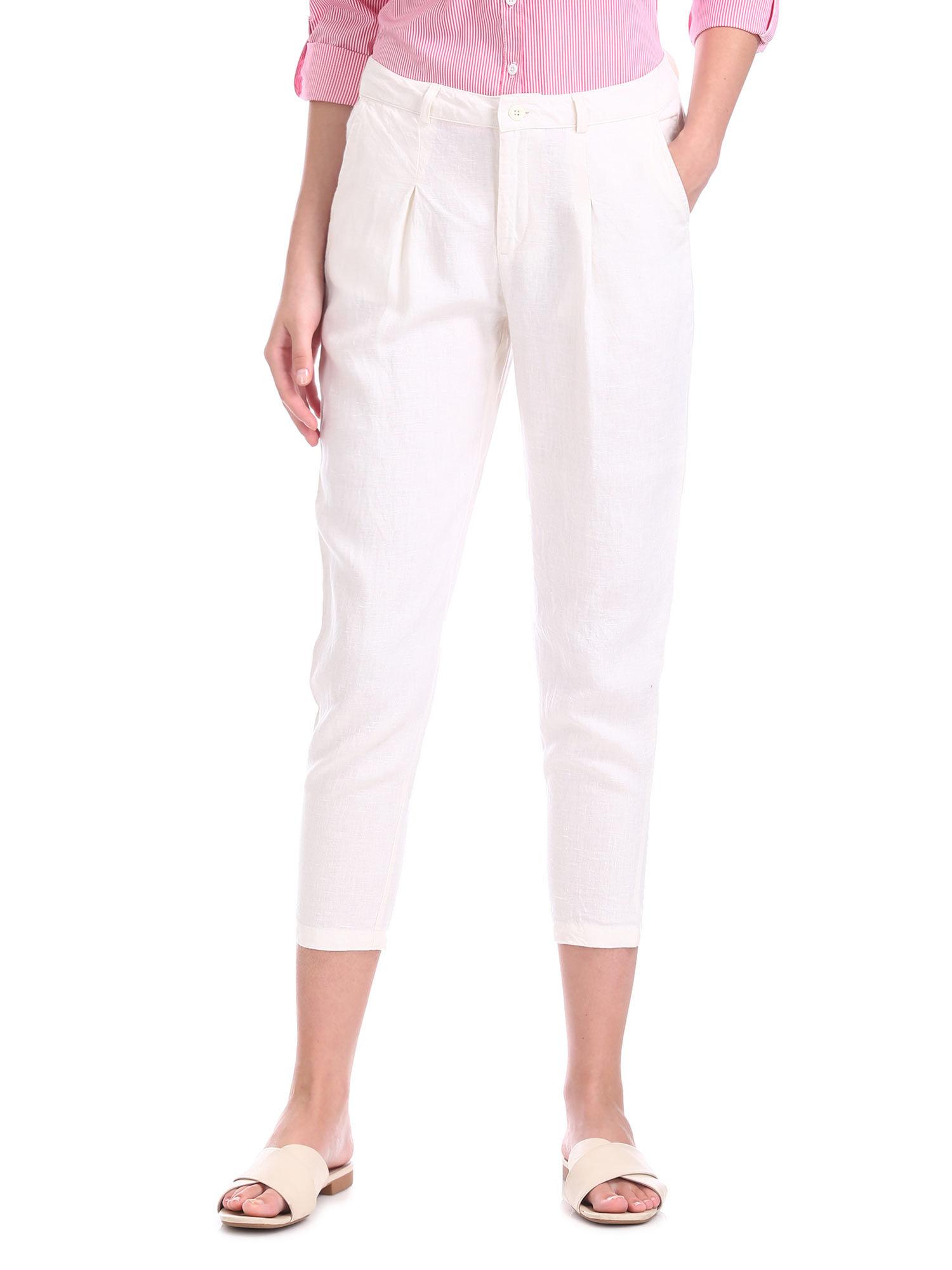 off white flat front linen trousers