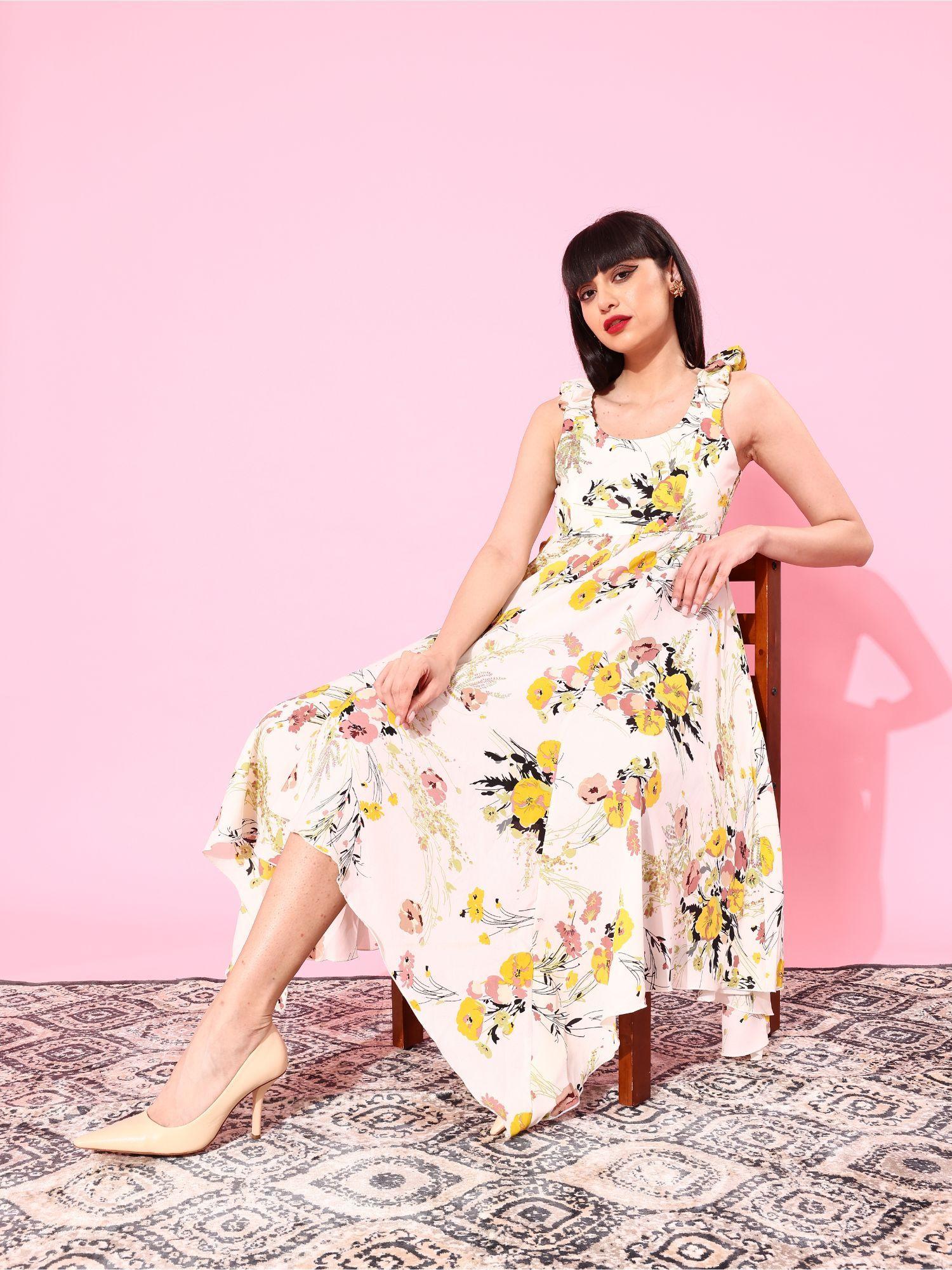 off white floral asymmetric hem midi dress