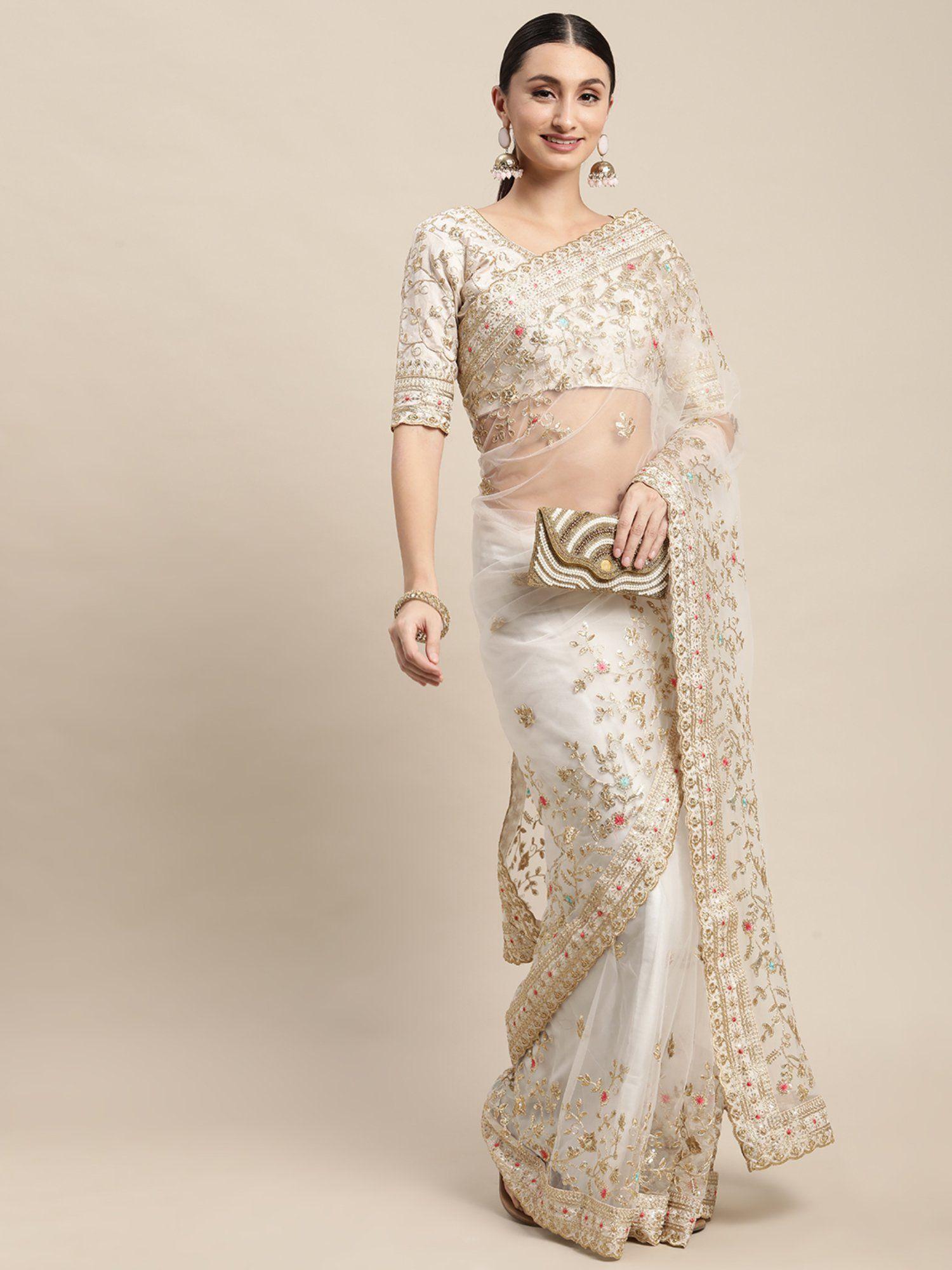 off white floral embroidered net saree with unstitched blouse