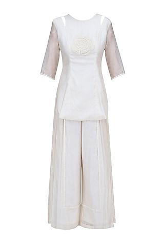 off white floral hand embroidered tunic and palazzo pants set