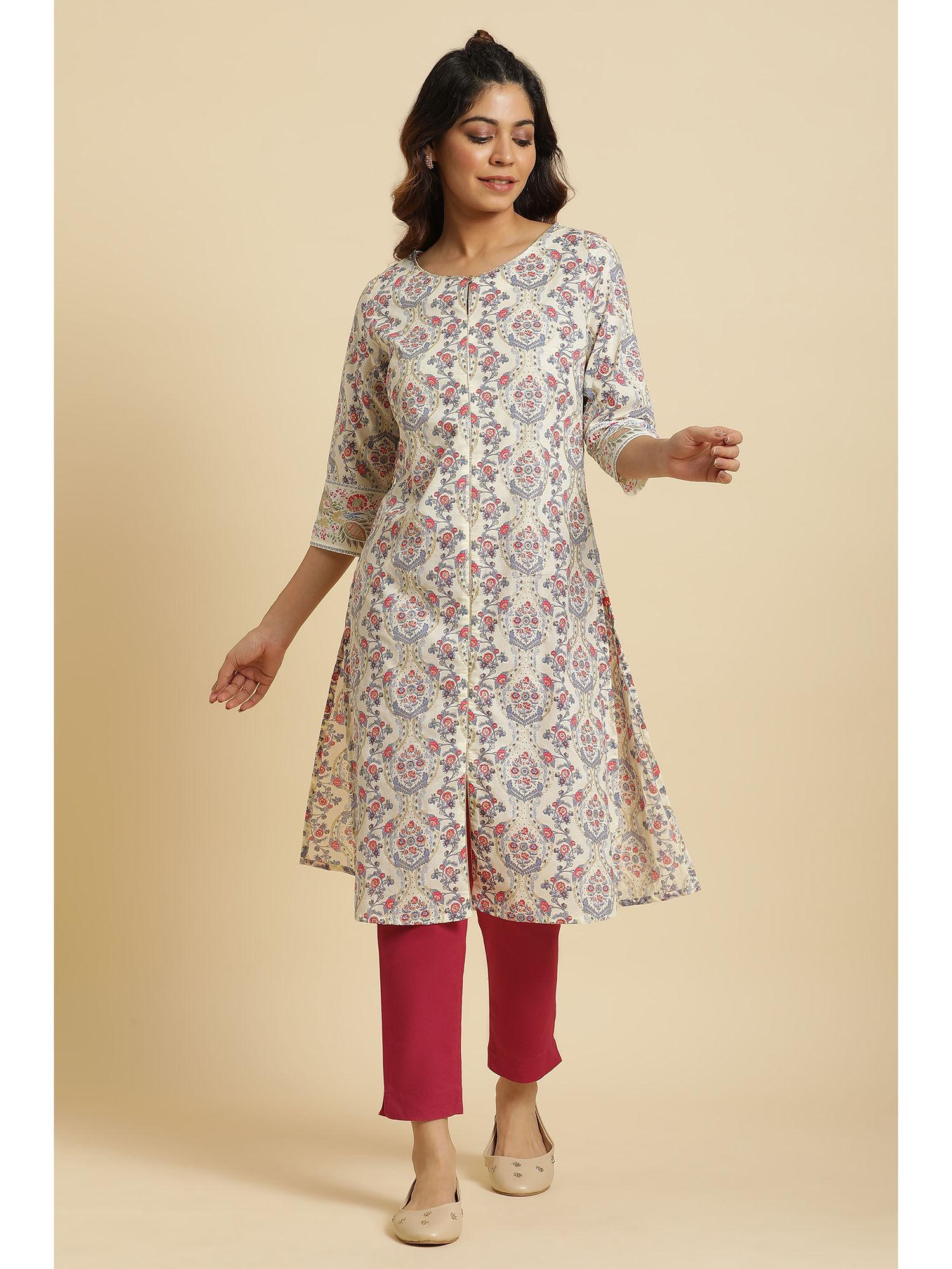 off white floral keyhole neck cotton kurta