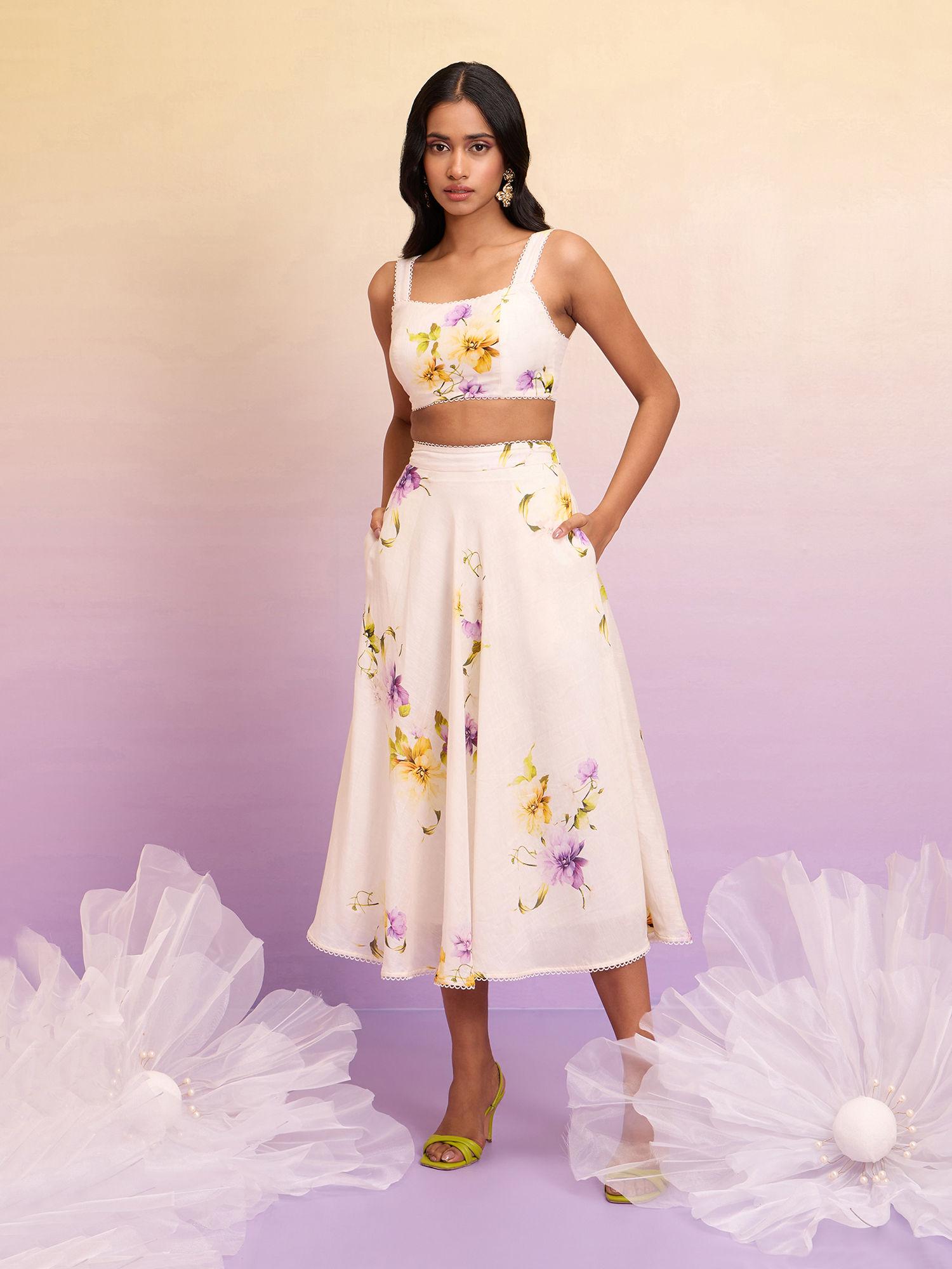 off white floral print crop top flared midi skirt co-ord (set of 2)