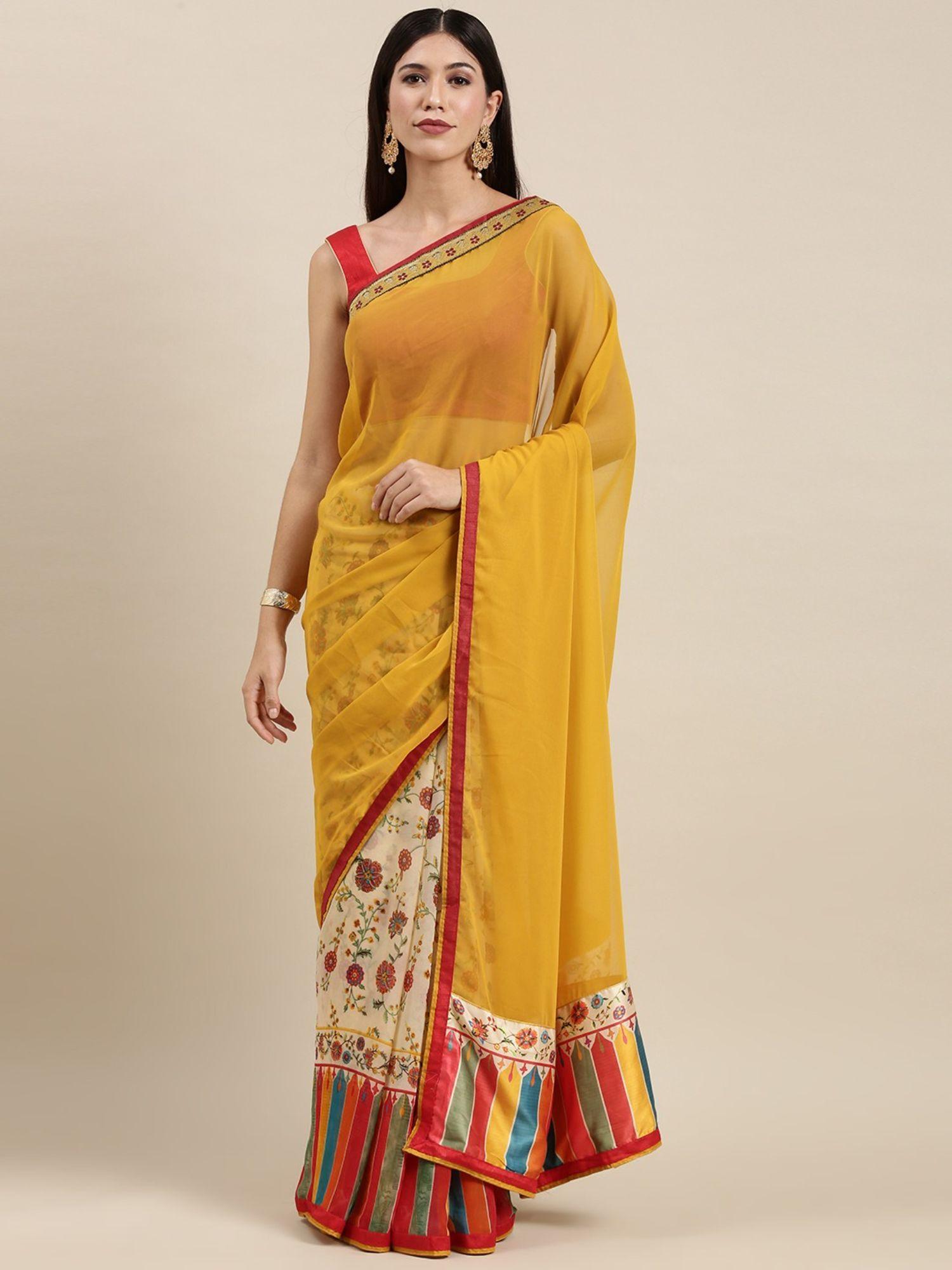 off white floral print half and half saree with unstitched blouse