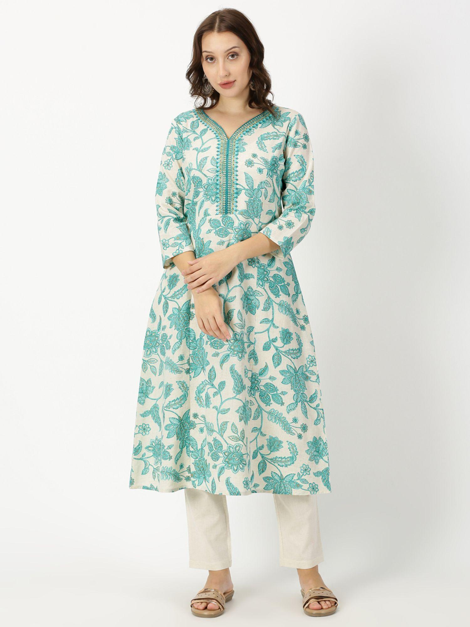 off white floral print kurta with neck embroidery