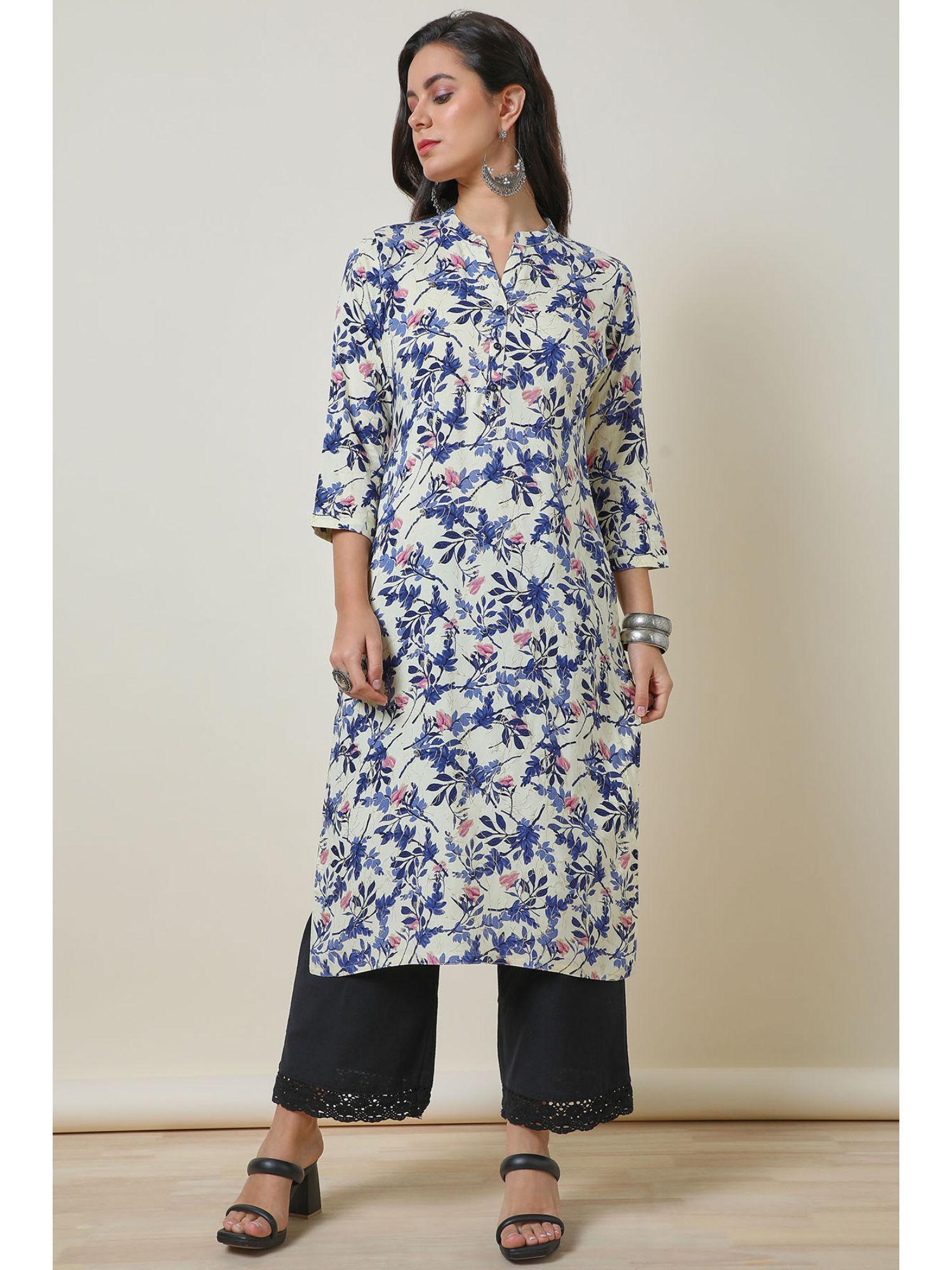 off white floral print rayon straight kurta