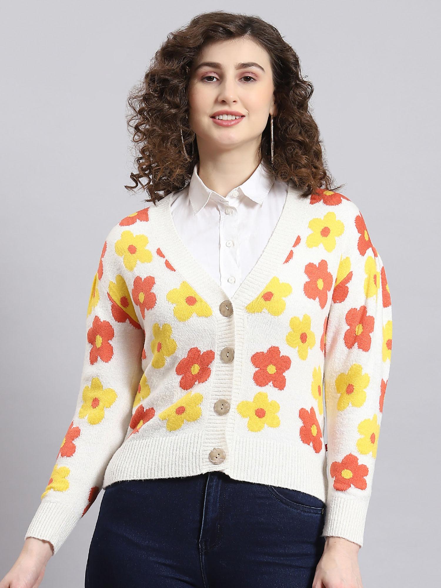 off white floral print v-neck cardigan