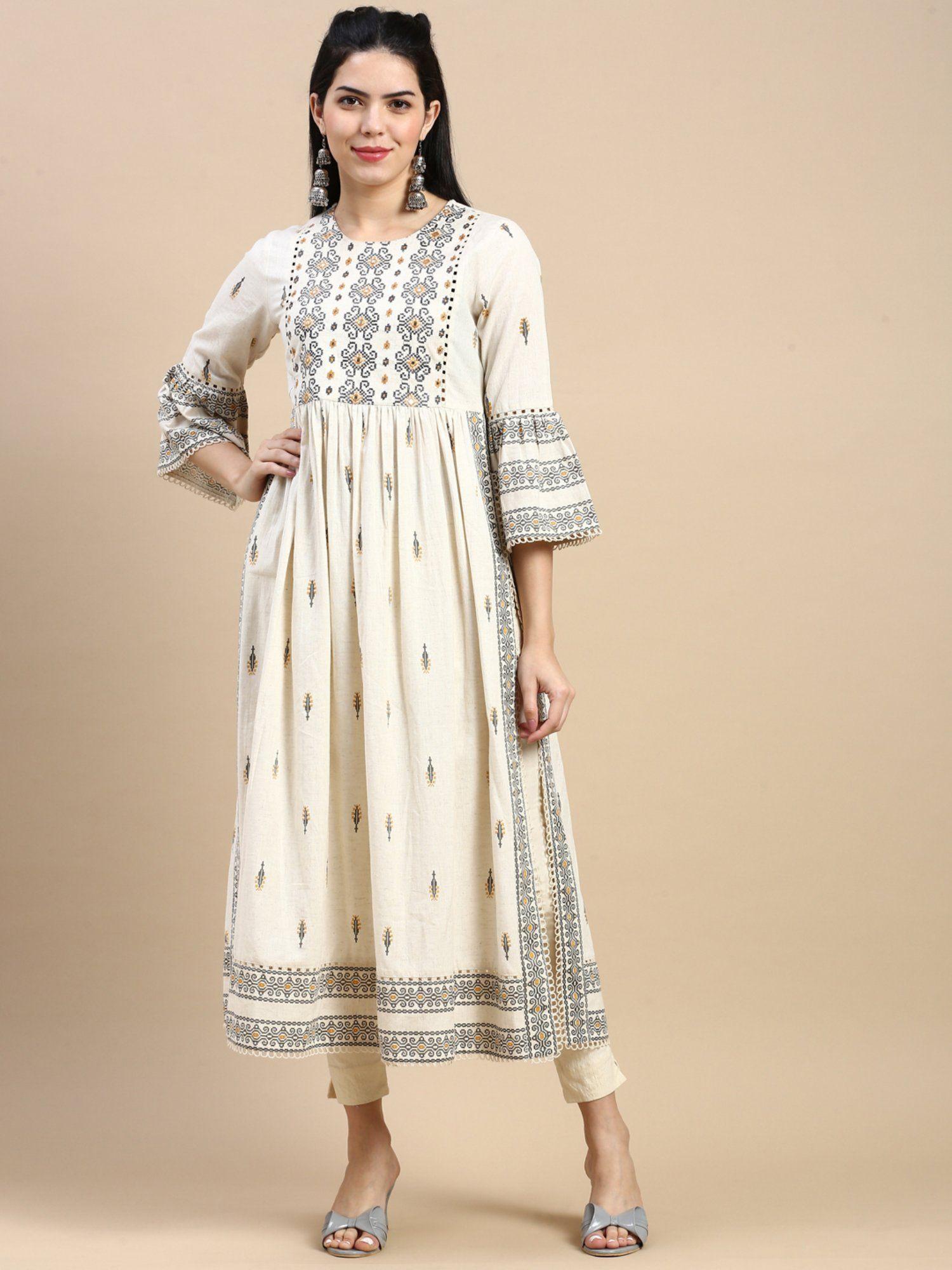 off-white floral printed cotton a-line kurta