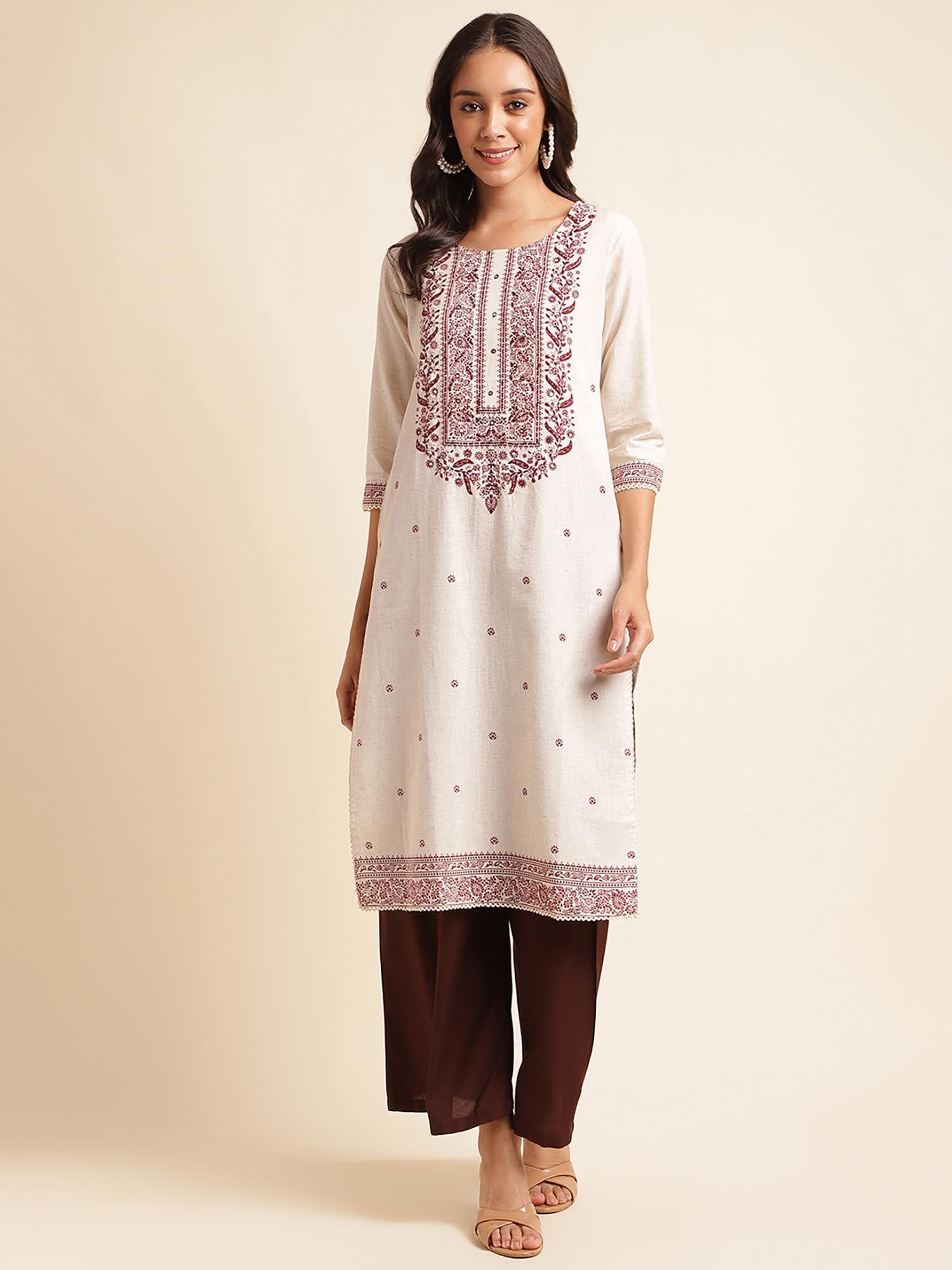 off-white floral printed cotton kurta