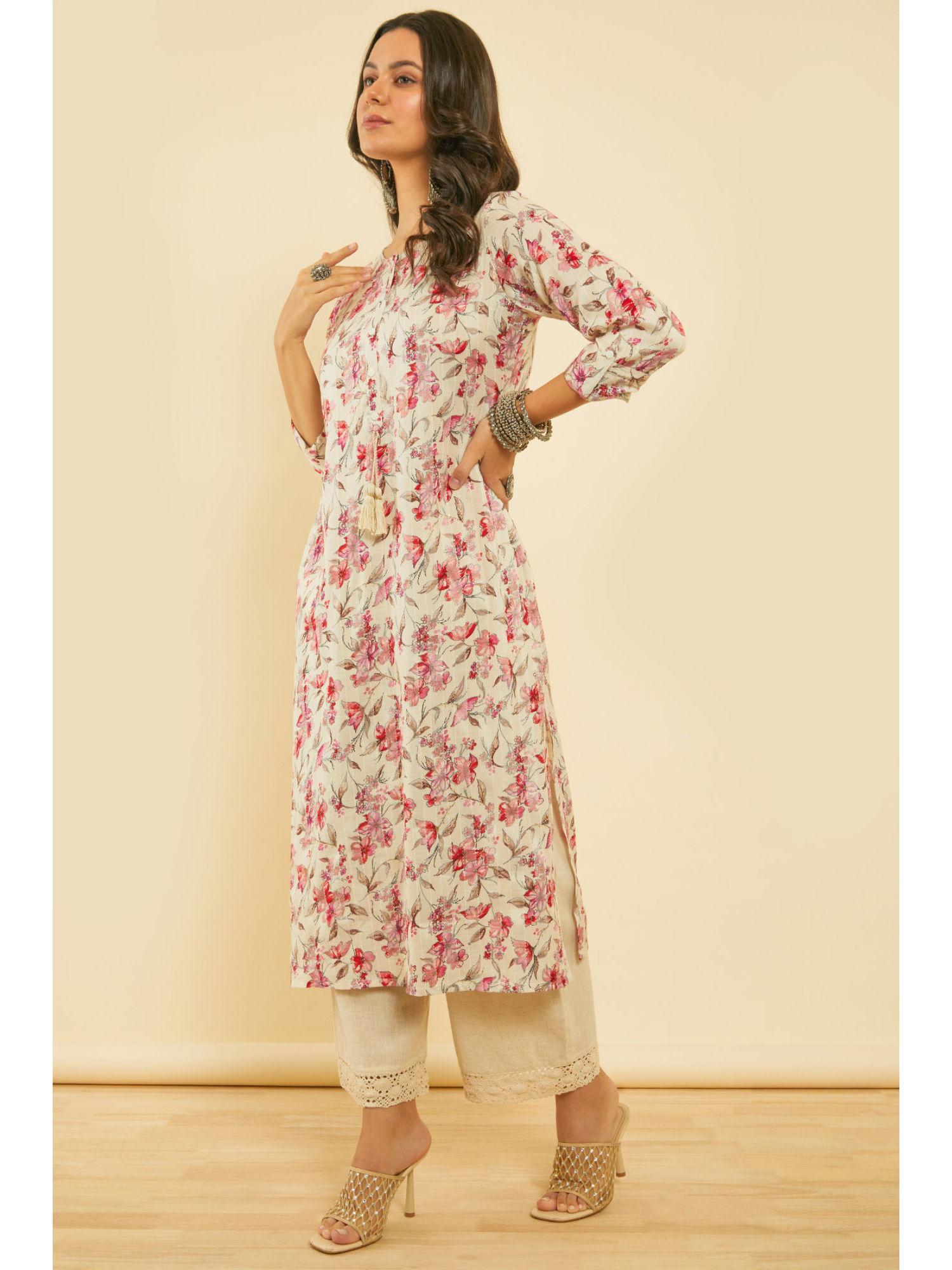 off-white floral printed kantha weave rayon kurta